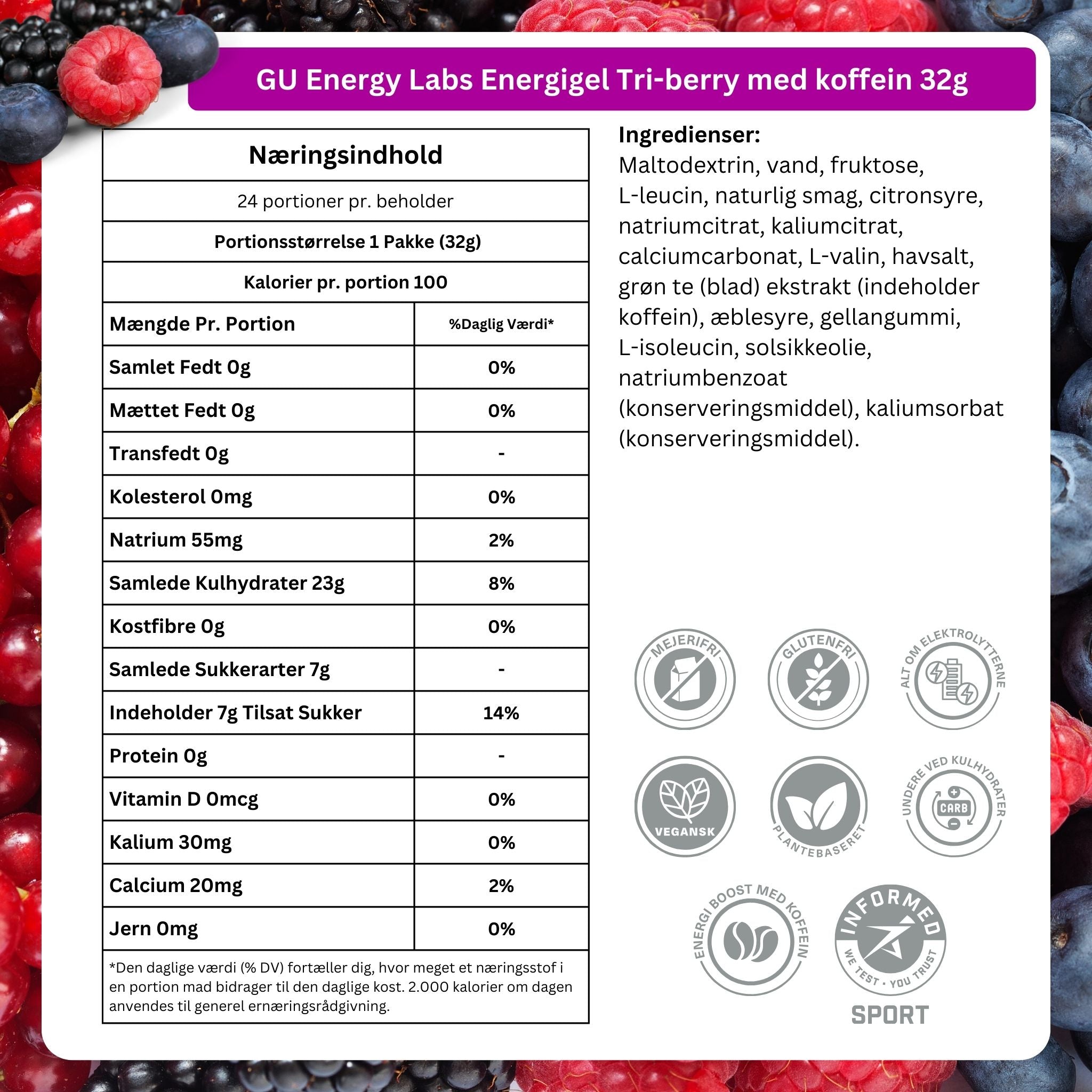 GU Energy Energiegel Tri-berry mit Koffein (24 x 32g)