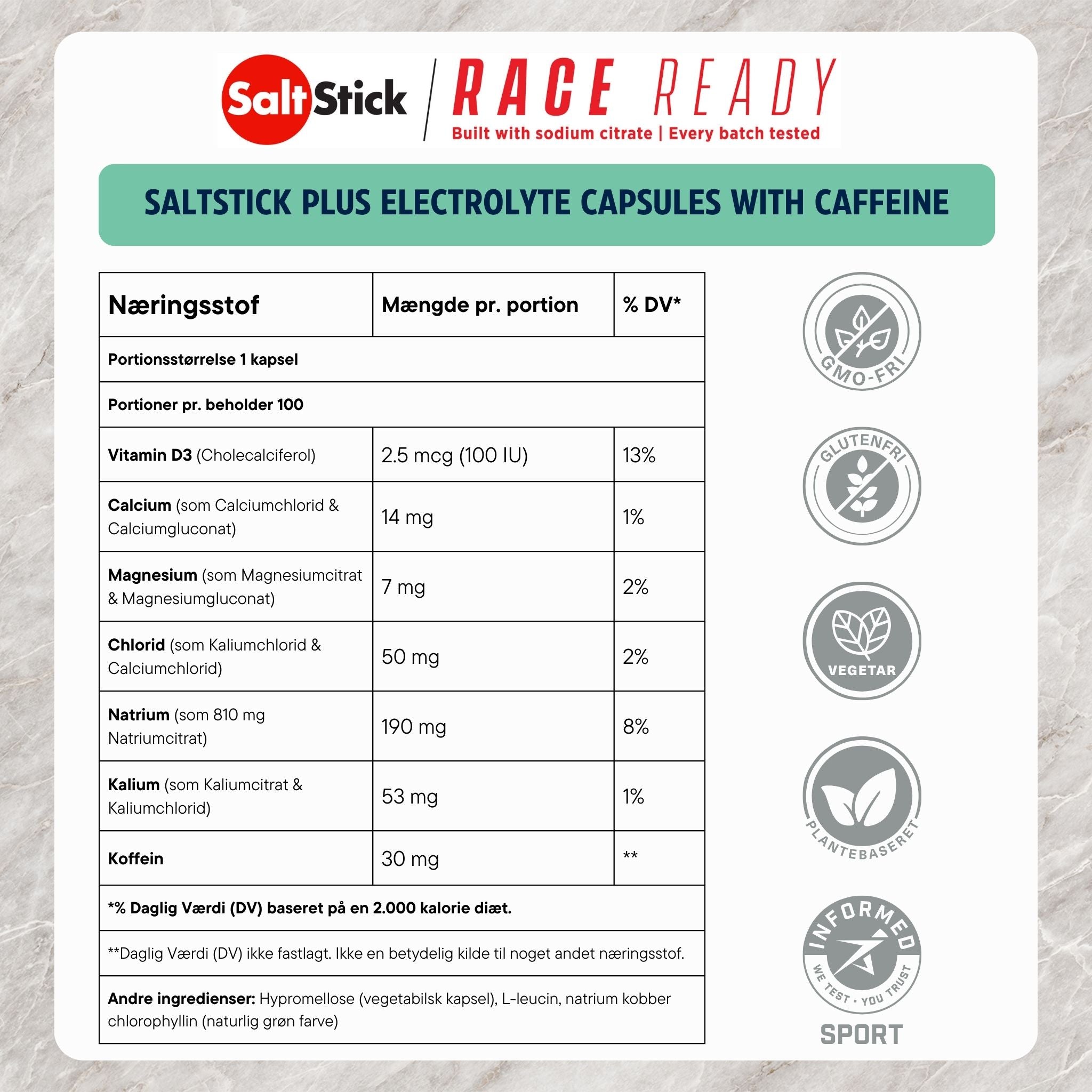 SaltStick PLUS Elektrolytkapseln mit Koffein (100 Kapseln)
