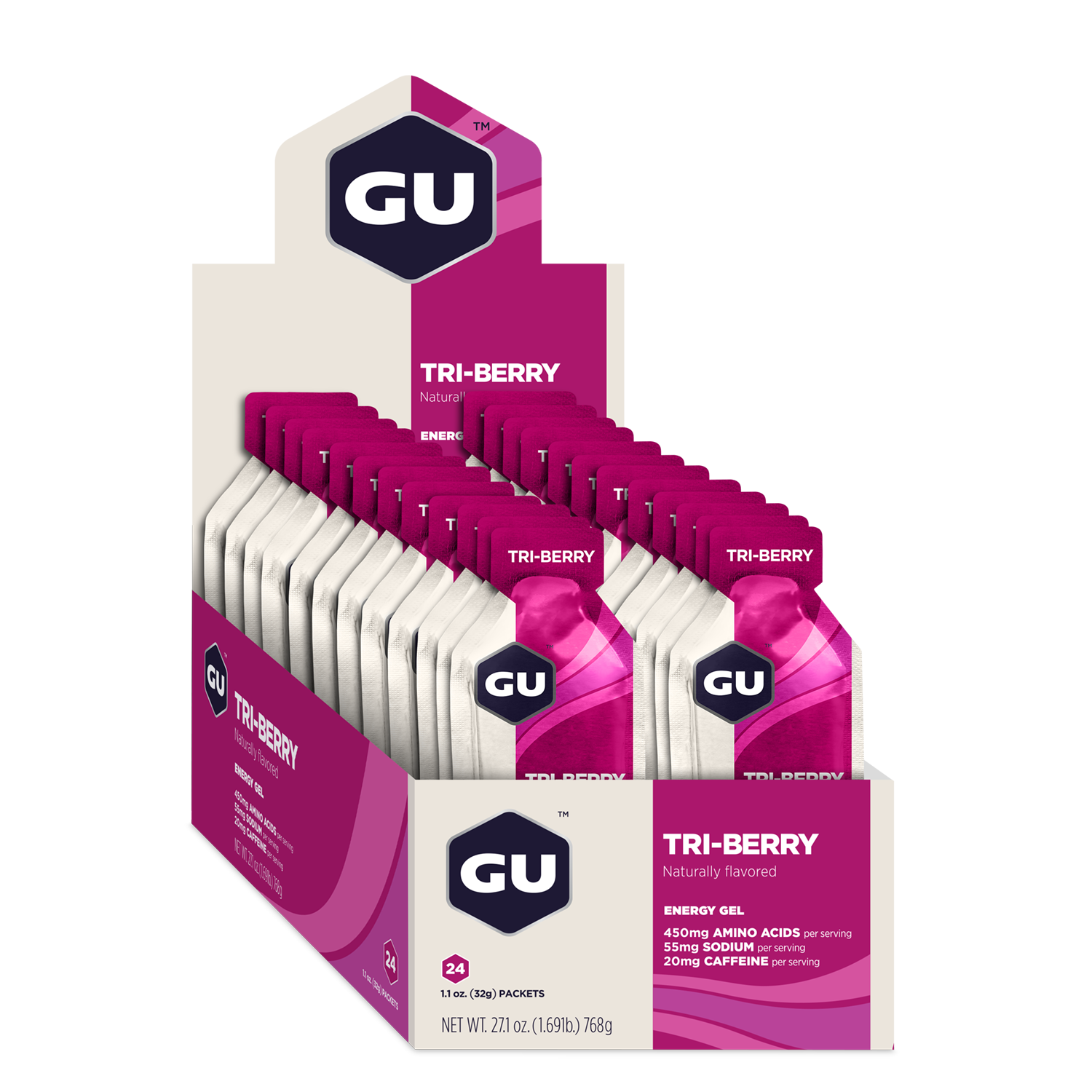 GU Energy Energiegel Tri-berry mit Koffein (24 x 32g)